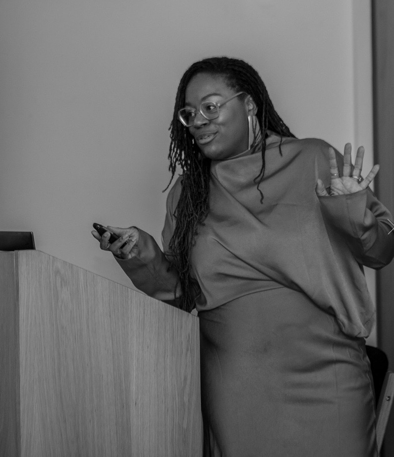 Sheree-Ann Michelle speaking — black and white